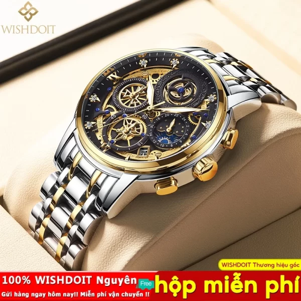 WISHDOIT Đồng hồ nam chống nước dây kim loại dây đeo cao su đồng hồ nam chính hãng fngeen cao cấp đồng hồ bấm