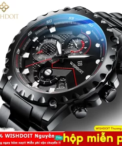WISHDOIT Đồng hồ nam chống nước dây kim loại, dây đeo cao su
