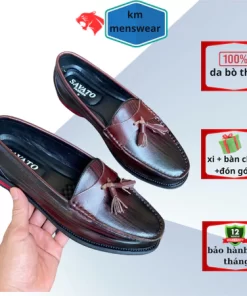 Giày Lười Nam Cao Cấp Kiểu Dáng Loafer Da Bò Thật Đánh Vân Giả Gỗ