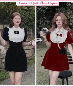 Váy nhung phối bèo nơ thời trang nữ thu đông đầm dự tiệc nữ sang chảnh diện tết