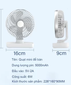 Quạt mini để bàn 5000mAh tự động xoay quạt tích điện để bàn 4 tốc độ
