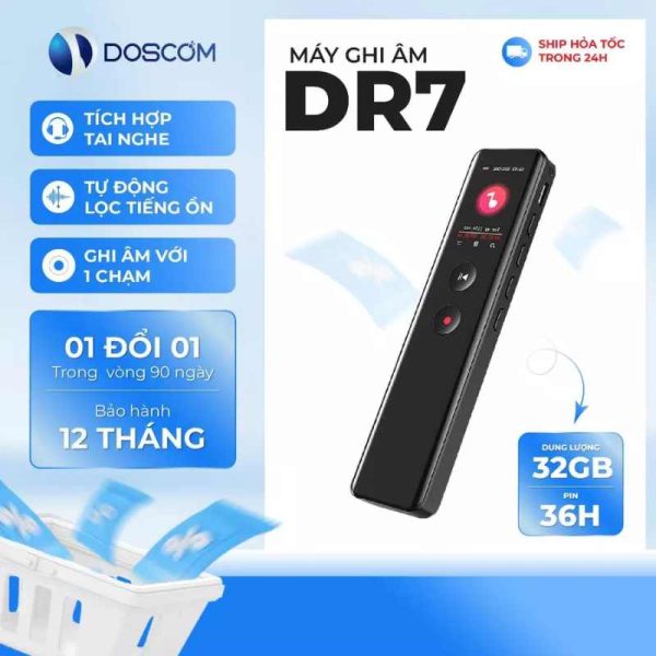 Máy Ghi Âm Chuyên Nghiệp Doscom DR-7 Lọc Âm, Giảm Ồn, Ghi Liên Tục 36 Giờ, Màn Hình LCD