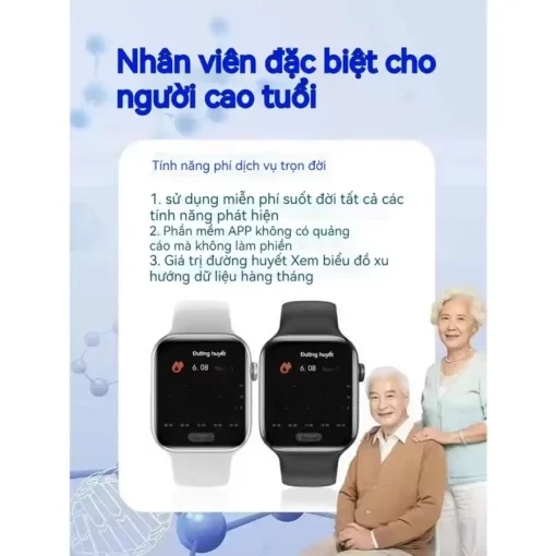 Đồng hồ thông minh theo dõi sức khỏe toàn diện: đo đường huyết, huyết áp, nhịp tim, oxy máu, điện tâm đồ, hỗ trợ tập luyện và giấc ngủ.