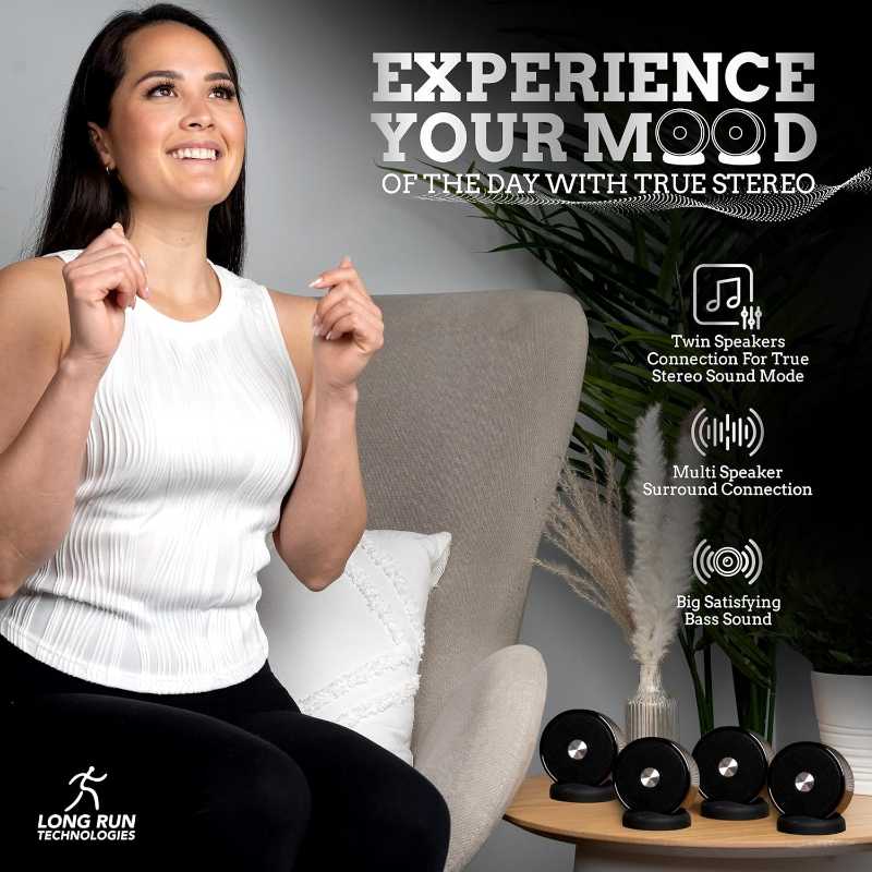 Bluetooth Speaker Set Wireless Stereo Dual Pairing Portable Twin TWS System With Big Rich Bass Hi-Fi Multi-Room Indoor Outdoor Use Home Deck Pool Work Travel Party Camping Gift Decor Idea (Chrome)