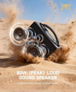 DINDIN Portable Bluetooth Speaker 80W (Peak), 20H Playtime, Loud Wireless Wood Speakers with Bass, AUX and USB Input, Subwoofer, TWS Pairing, Vintage Speaker for Outdoor, Home, Office (Black)