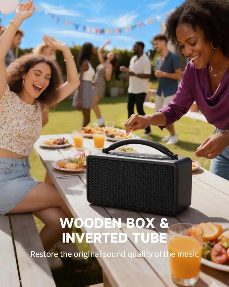 DINDIN Portable Bluetooth Speaker 80W (Peak), 20H Playtime, Loud Wireless Wood Speakers with Bass, AUX and USB Input, Subwoofer, TWS Pairing, Vintage Speaker for Outdoor, Home, Office (Black)