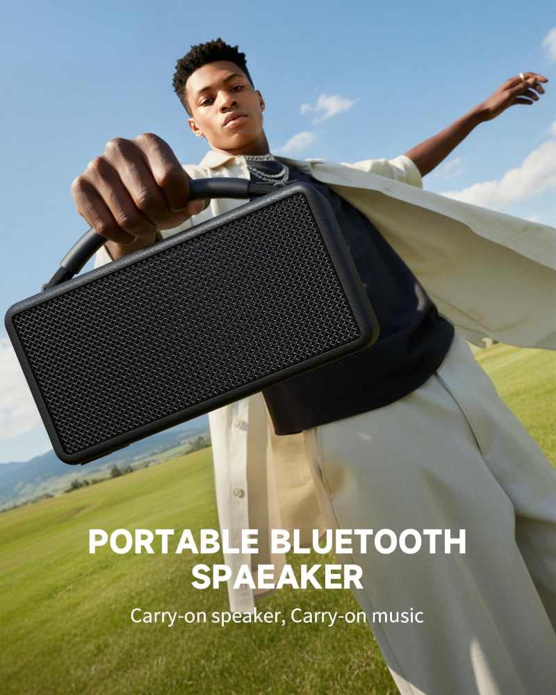 DINDIN Portable Bluetooth Speaker 80W (Peak), 20H Playtime, Loud Wireless Wood Speakers with Bass, AUX and USB Input, Subwoofer, TWS Pairing, Vintage Speaker for Outdoor, Home, Office (Black)