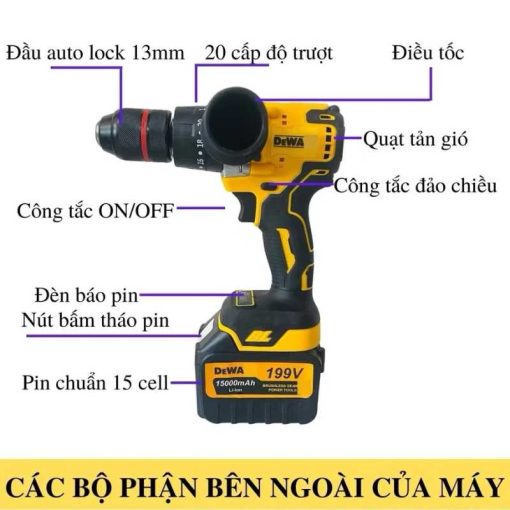 Máy khoan pin 199V 3 chức năng – mạnh mẽ, bền bỉ, pin siêu khủng