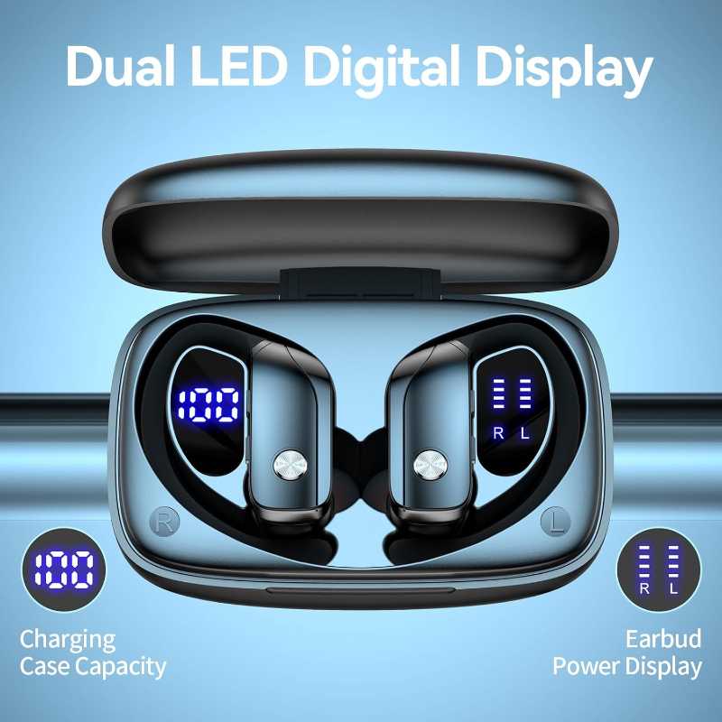 bmani Noise Cancelling Earbuds Wireless Ear Buds Bluetooth Headphones with 80H Playtime LED Display Case, Over-Ear Hook with Mic, Easy Button Controls, Sports Earphones for Running Workout Gym 1
