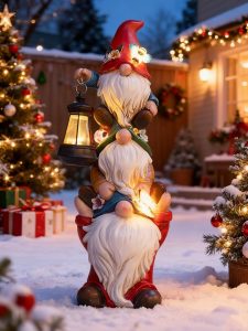 twinbling Christmas Gnome Statue with Solar Lights Garden Sculptures Funny Triple Gnome Outdoor