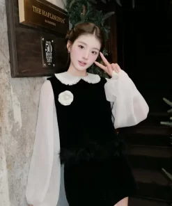 Set áo gile viền lông + chân váy chữ a nhung điệu đà, mặc đi tiệc, cafe3