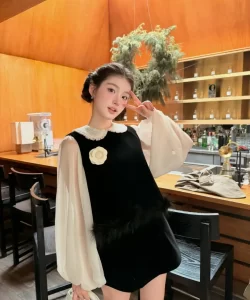 Set áo gile viền lông + chân váy chữ a nhung điệu đà, mặc đi tiệc, cafe3