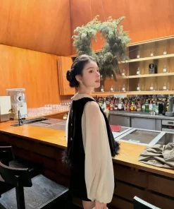 Set áo gile viền lông + chân váy chữ a nhung điệu đà, mặc đi tiệc, cafe3