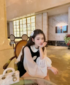 Set áo gile viền lông + chân váy chữ a nhung điệu đà, mặc đi tiệc, cafe3