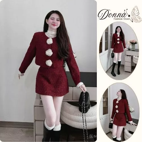 set đồ nữ mùa đông , áo khoác nữ phối chân váy ngắn chất dạ màu đỏ kèm hoa ngực phong cách sang chảnh