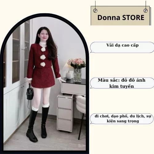 set đồ nữ mùa đông , áo khoác nữ phối chân váy ngắn chất dạ màu đỏ kèm hoa ngực phong cách sang chảnh1