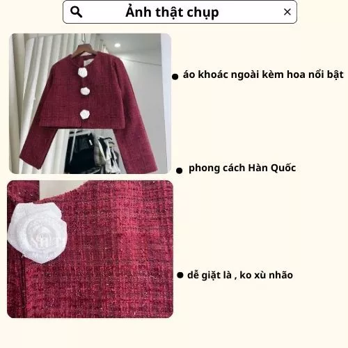 set đồ nữ mùa đông , áo khoác nữ phối chân váy ngắn chất dạ màu đỏ kèm hoa ngực phong cách sang chảnh2