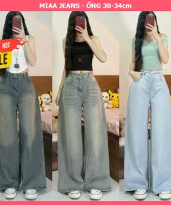 Quần jean MIAA nữ ống rộng cạp cao chất denim