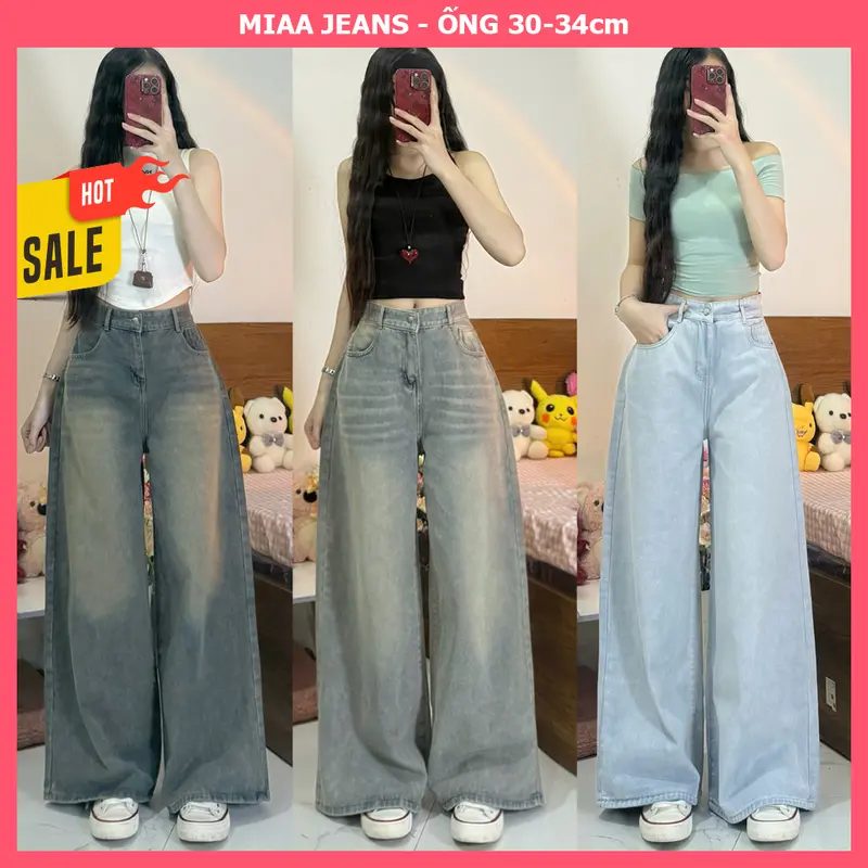 Quần jean nữ MIAA ống rộng denim Quần jean MIAA nữ ống rộng cạp cao chất denim