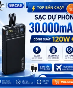 Sạc dự phòng 30000mAh Công suất 120W có tích Hợp 2 Dây sạc In & Type C Sạc nhanh cho Phone từ 10-17Promax